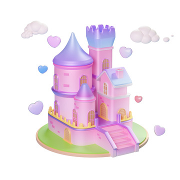 童话风格卡通粉色城堡小屋3D模型