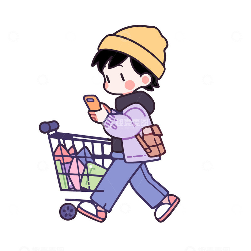 源文件下载【趣麦麦图】小男生在用购物车购物