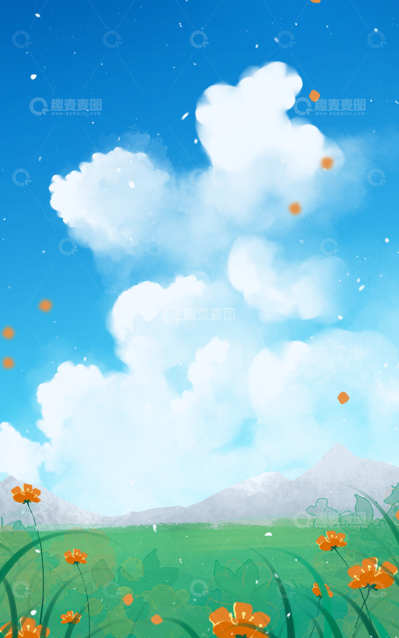 源文件下载【趣麦麦图】手绘户外小清新草坪蓝天白云插画海报