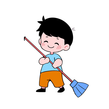 在拿着扫把打扫的男孩