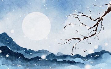 手绘水墨山水画树枝飘雪冬天立冬插画海报