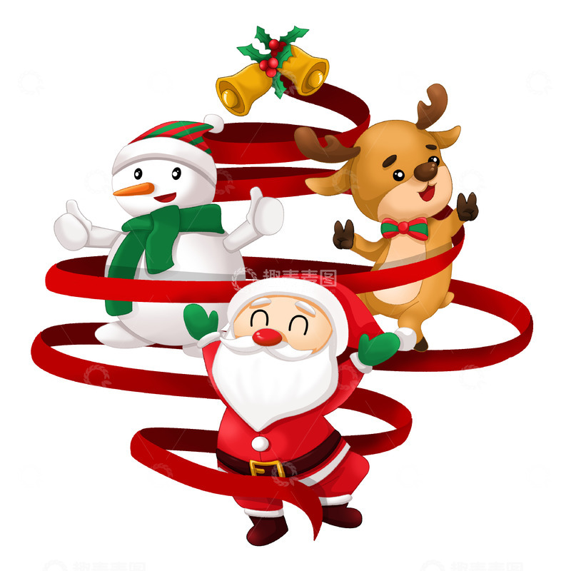 源文件下载【趣麦麦图】圣诞老人麋鹿雪人铃铛红丝带卡通插画