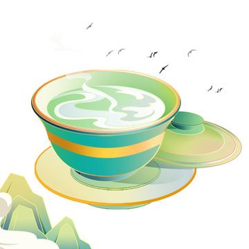 山水手绘茶杯元素