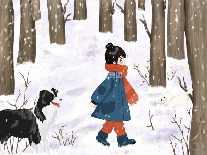 源文件下载【趣麦麦图】立冬下雪场景 人物和小动物