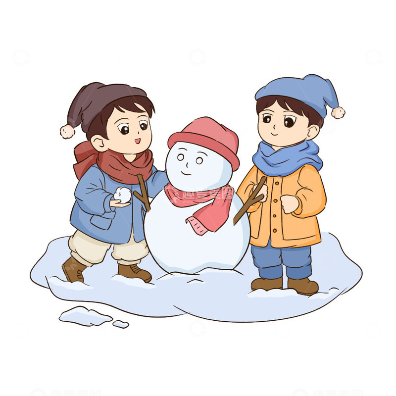卡通风格堆雪人小场景插画