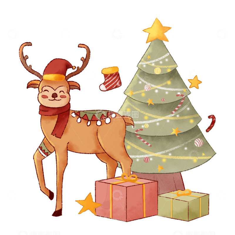 源文件下载【趣麦麦图】简约水彩风圣诞节麋鹿