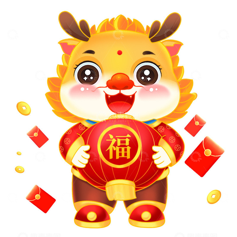 国潮可爱抱灯笼的龙元素