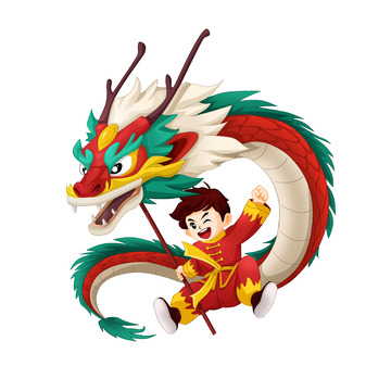 龙年舞龙跳跃卡通中国风喜庆少年