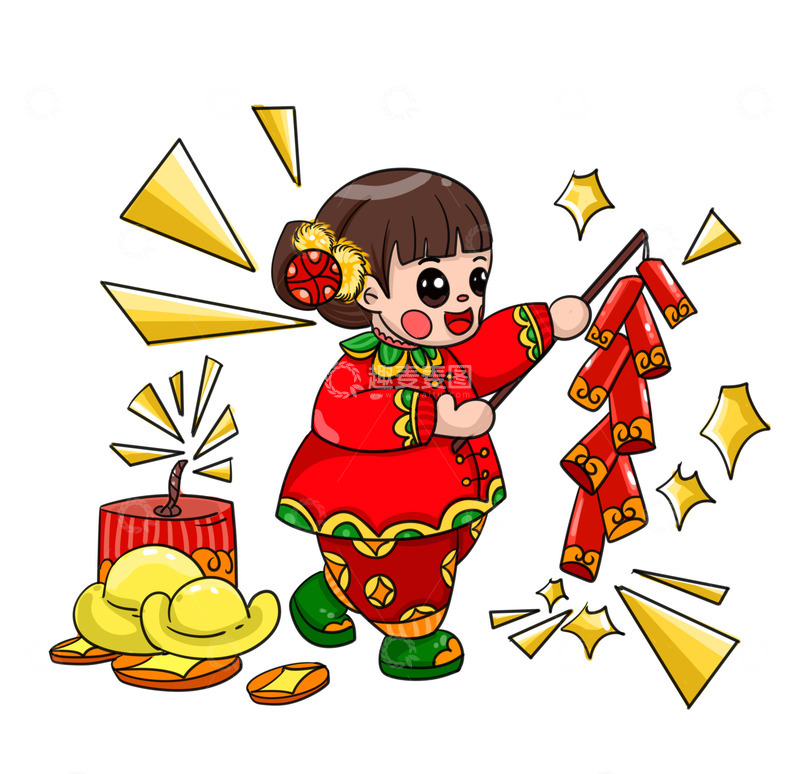 源文件下载【趣麦麦图】卡通小女孩放鞭炮