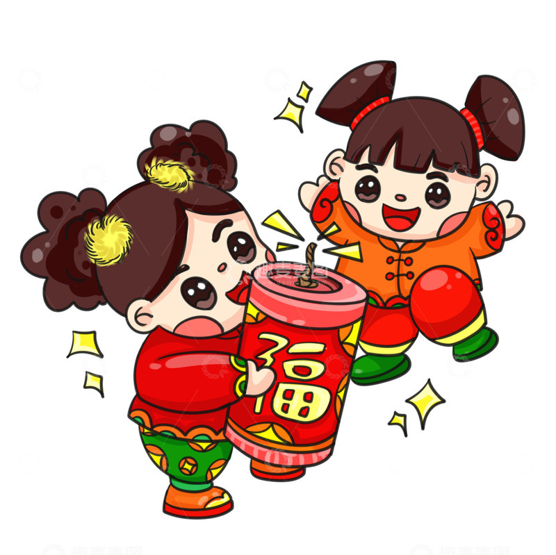 喜气洋洋龙年放鞭炮小女孩们