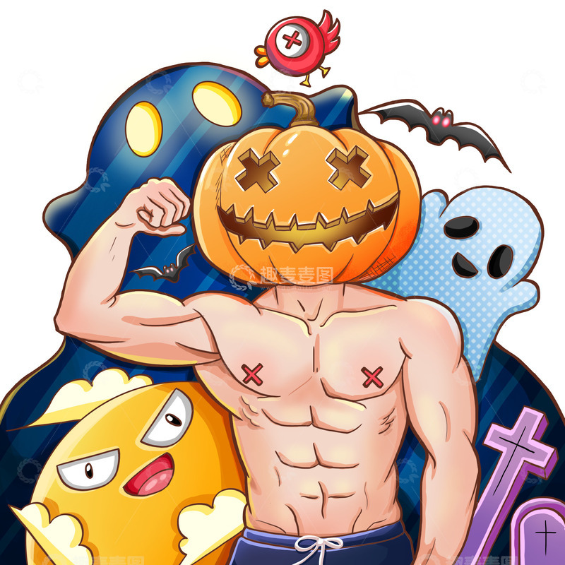 源文件下载【趣麦麦图】万圣节潮流插画南瓜肌肉男幽灵手绘插画