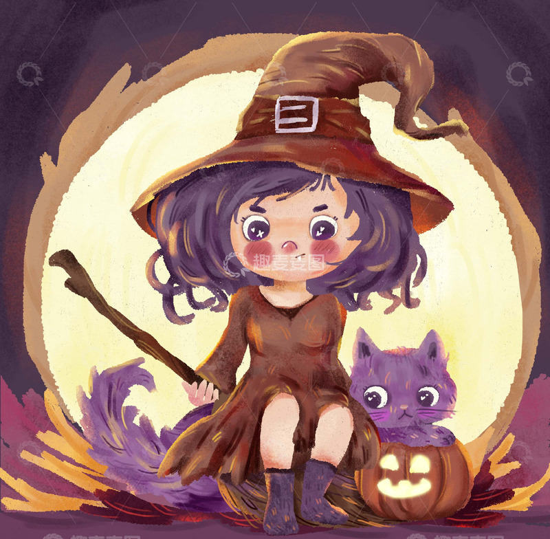 源文件下载【趣麦麦图】万圣节女孩卡通可爱猫文创手绘插画