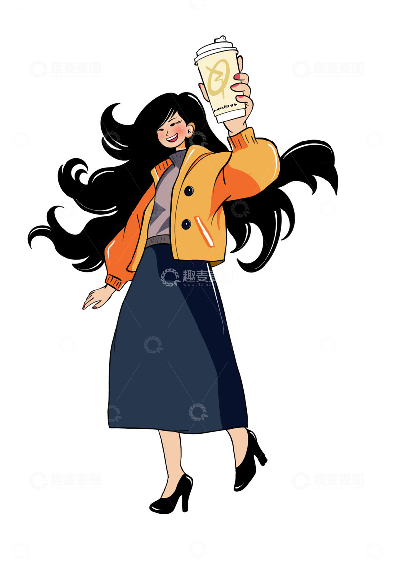 源文件下载【趣麦麦图】冬天拿着奶茶的成熟女生扁平卡通手绘插画