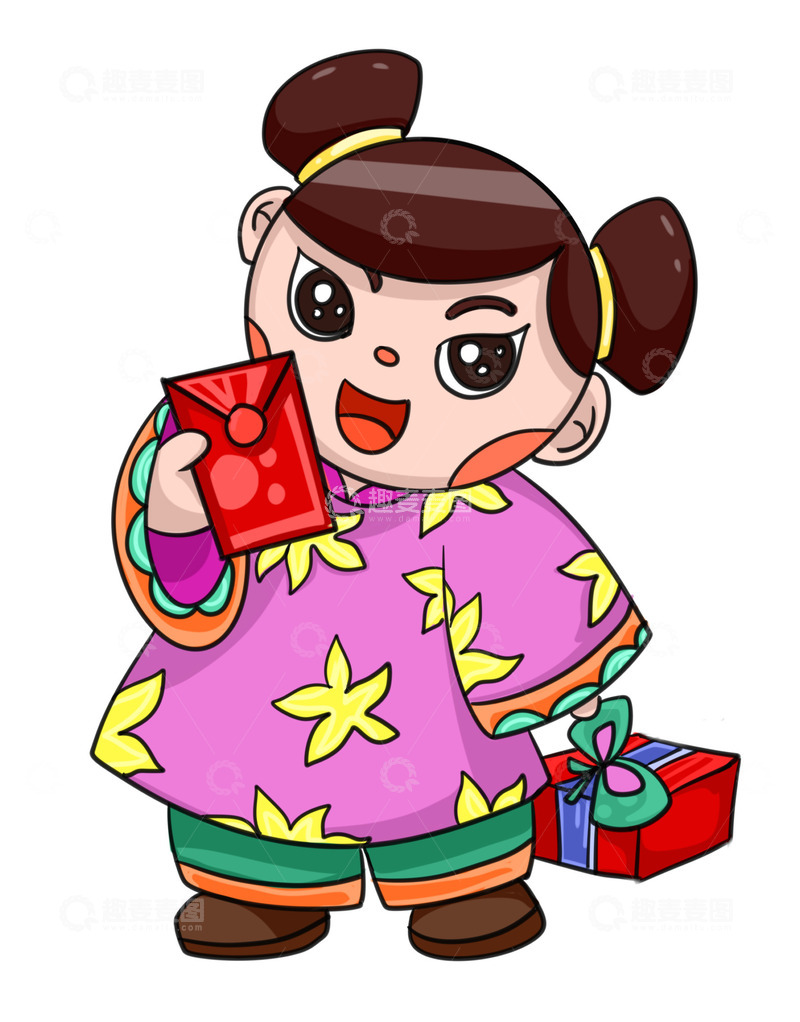 源文件下载【趣麦麦图】龙年小女孩手拿红包