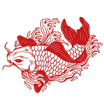 红色中国风复古锦鲤窗花装饰矢量元素