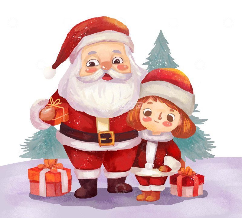 源文件下载【趣麦麦图】圣诞节圣诞老人小女孩卡通可爱手绘插画