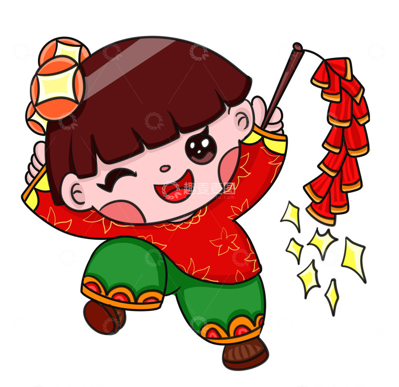 源文件下载【趣麦麦图】喜气洋洋新年小女孩玩放鞭炮
