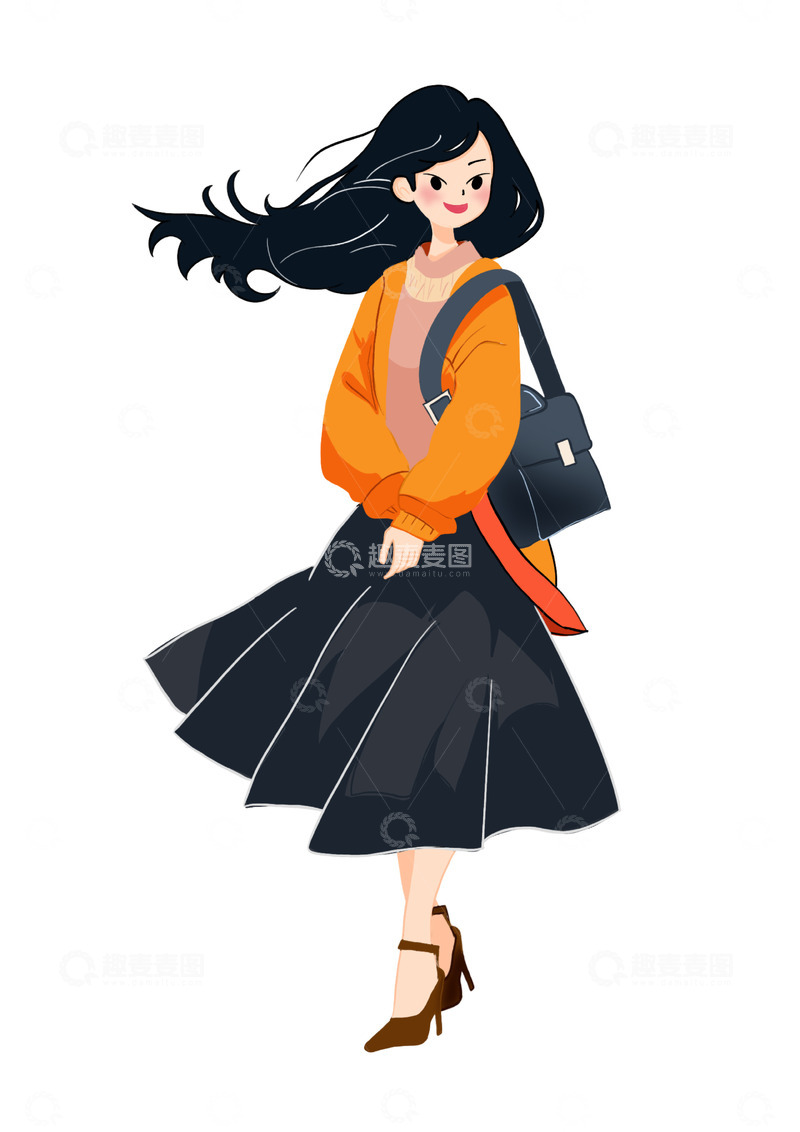源文件下载【趣麦麦图】-冬天背包上班族女士扁平卡通手绘插画
