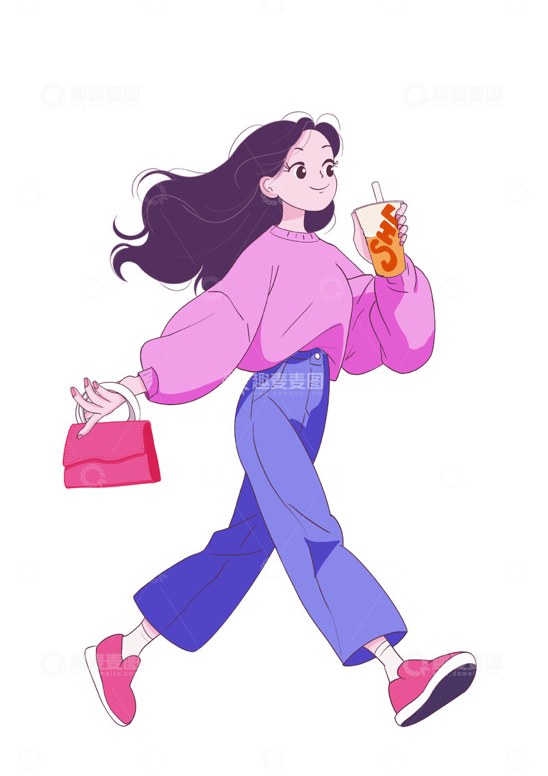 源文件下载【趣麦麦图】上班逛街女士果汁奶茶饮料咖啡卡通手绘插画