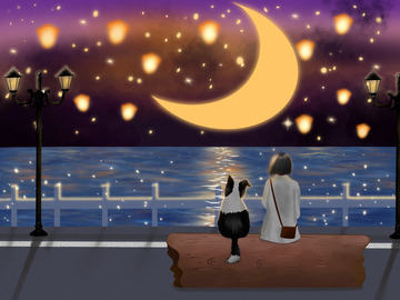 狗狗治愈插画夜景