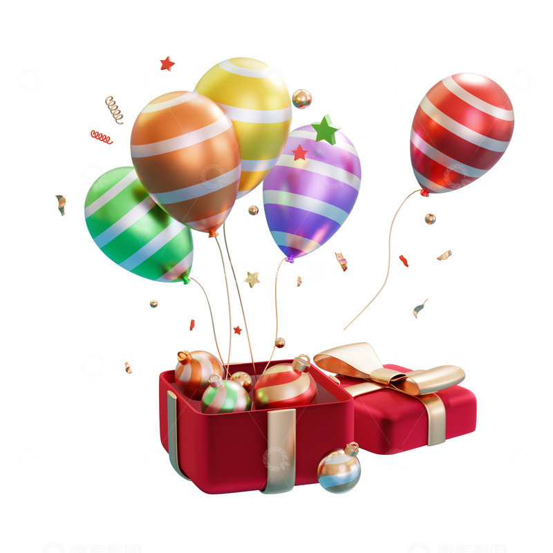 源文件下载【趣麦麦图】打开的彩色气球礼盒礼品盒3D促销元素