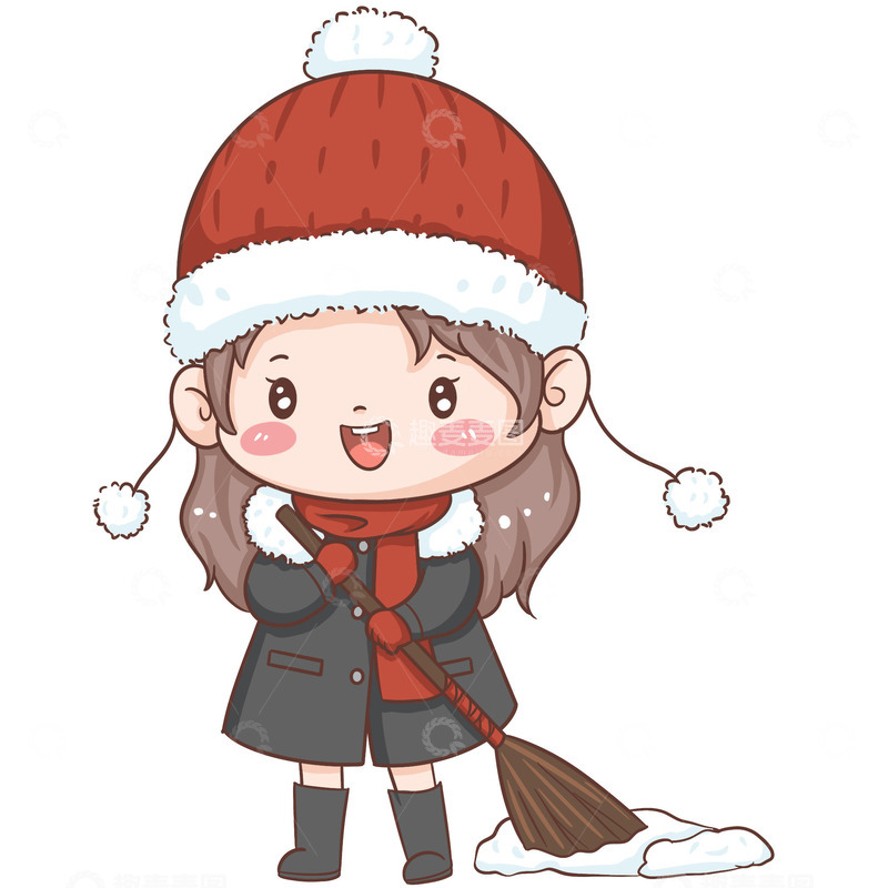 冬季下雪扫雪女孩