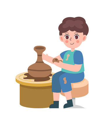 卡通简约做陶艺的小孩