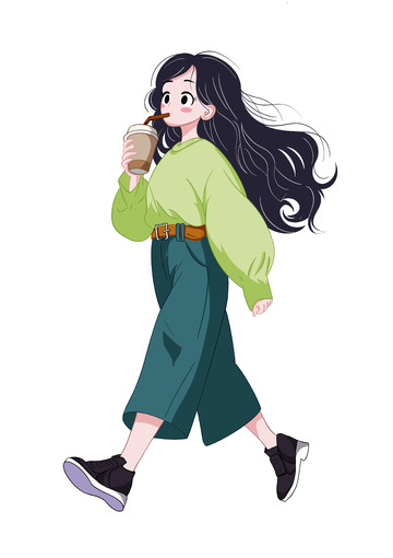 走路逛街冬天喝咖啡奶茶果汁饮料的年轻女生