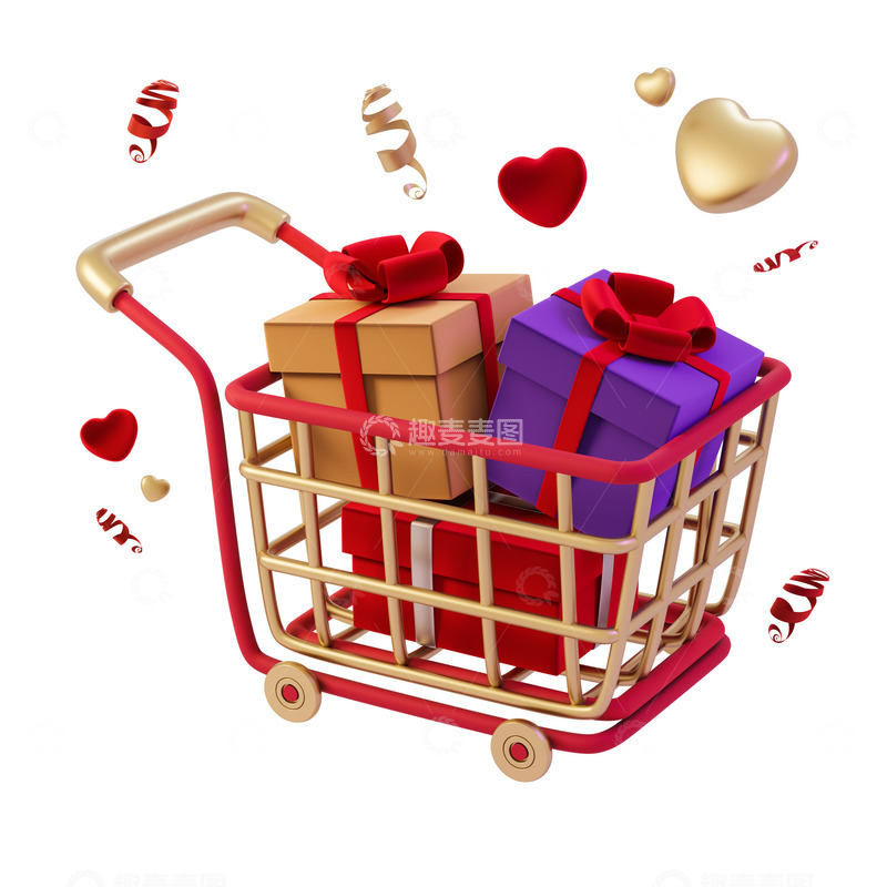 源文件下载【趣麦麦图】-卡通节日庆典红色礼盒购物车3D促销元素