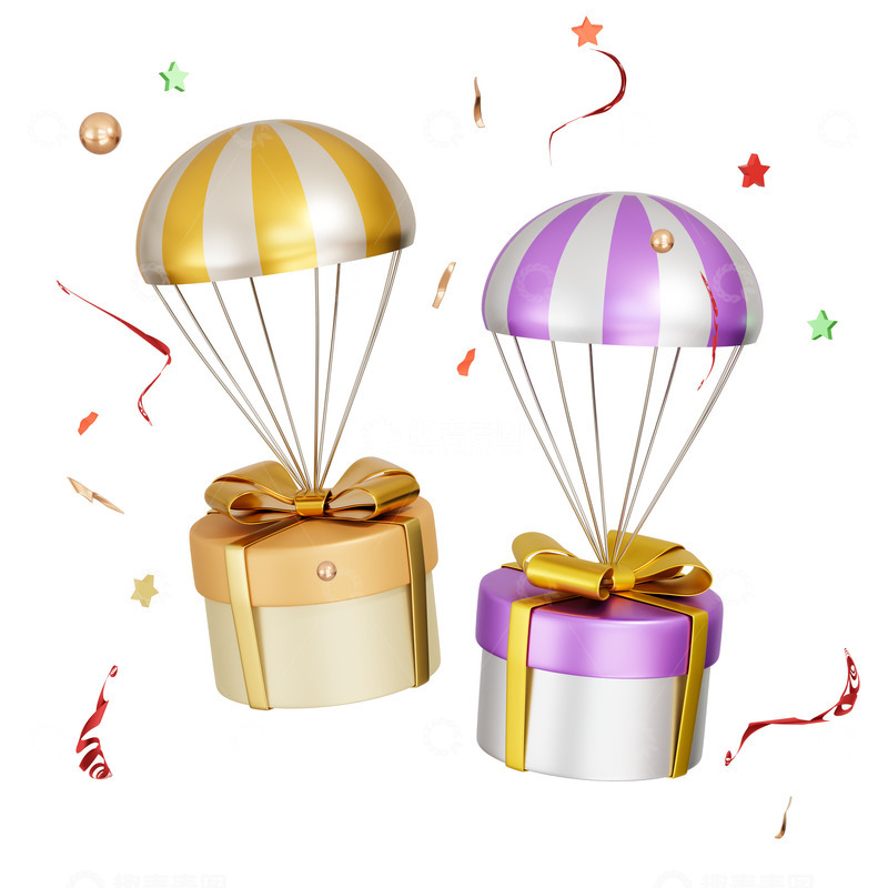 源文件下载【趣麦麦图】3D立体节日庆典降落伞礼盒电商促销元素