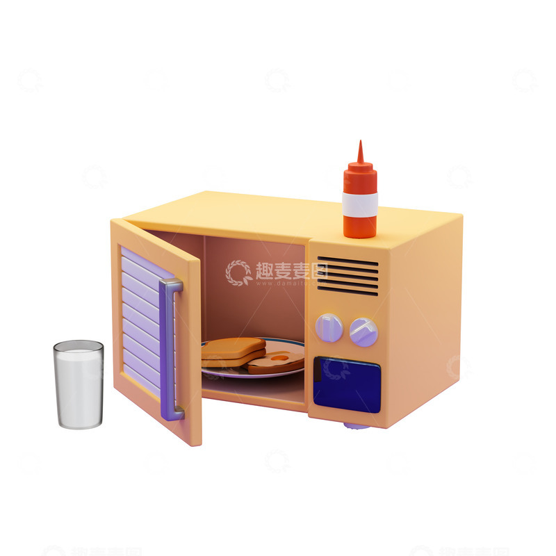 源文件下载【趣麦麦图】立体家电黄色卡通微波炉加热食物3D模型