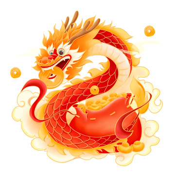 中国龙钱袋金币插画