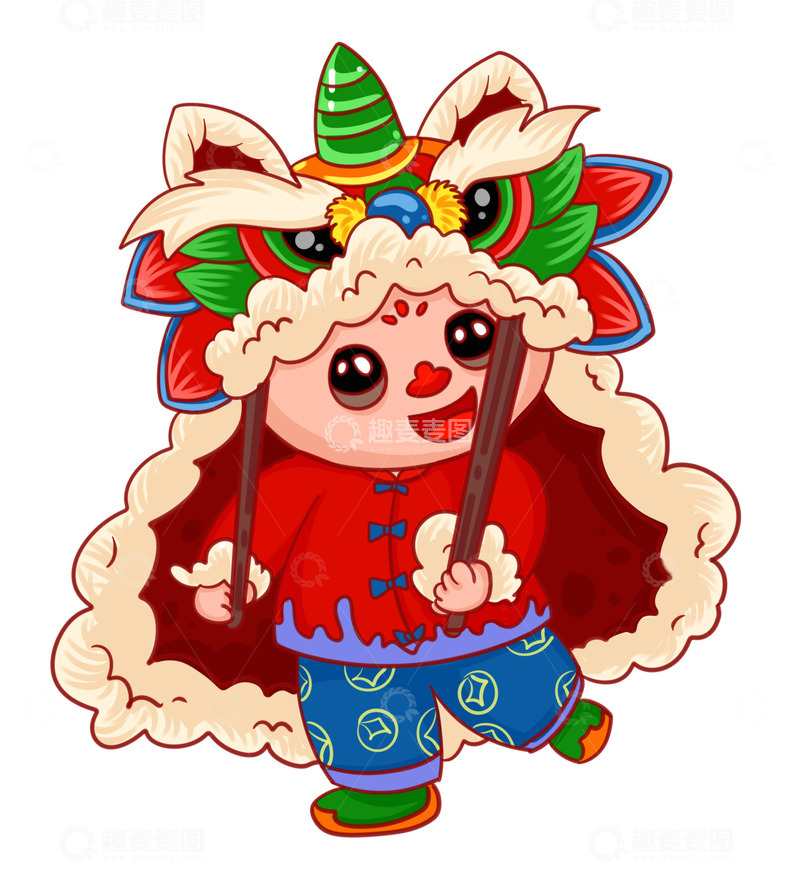 源文件下载【趣麦麦图】-可爱小男孩舞狮子