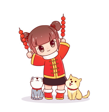 冬季糖葫芦女孩狗猫元素