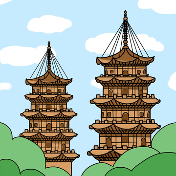 泉州开元寺东西塔手绘漫画旅游古塔文化