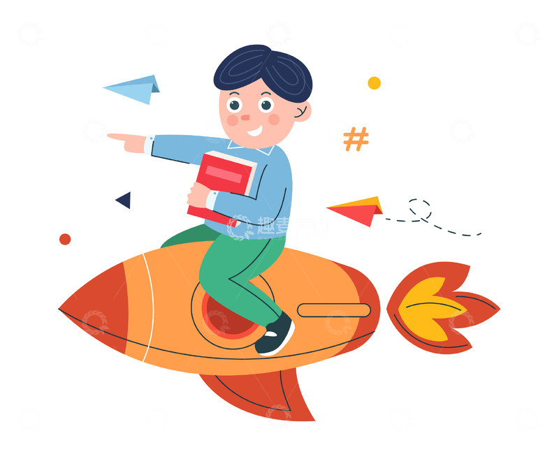 源文件下载【趣麦麦图】卡通简约坐着火箭的小男孩