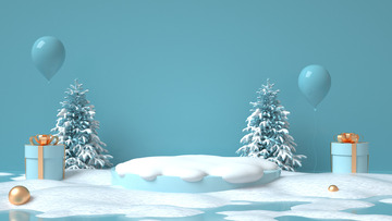 冬天蓝色雪地雪松C4D电商背景