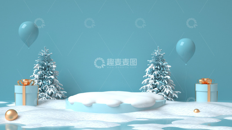 源文件下载【趣麦麦图】冬天蓝色雪地雪松C4D电商背景