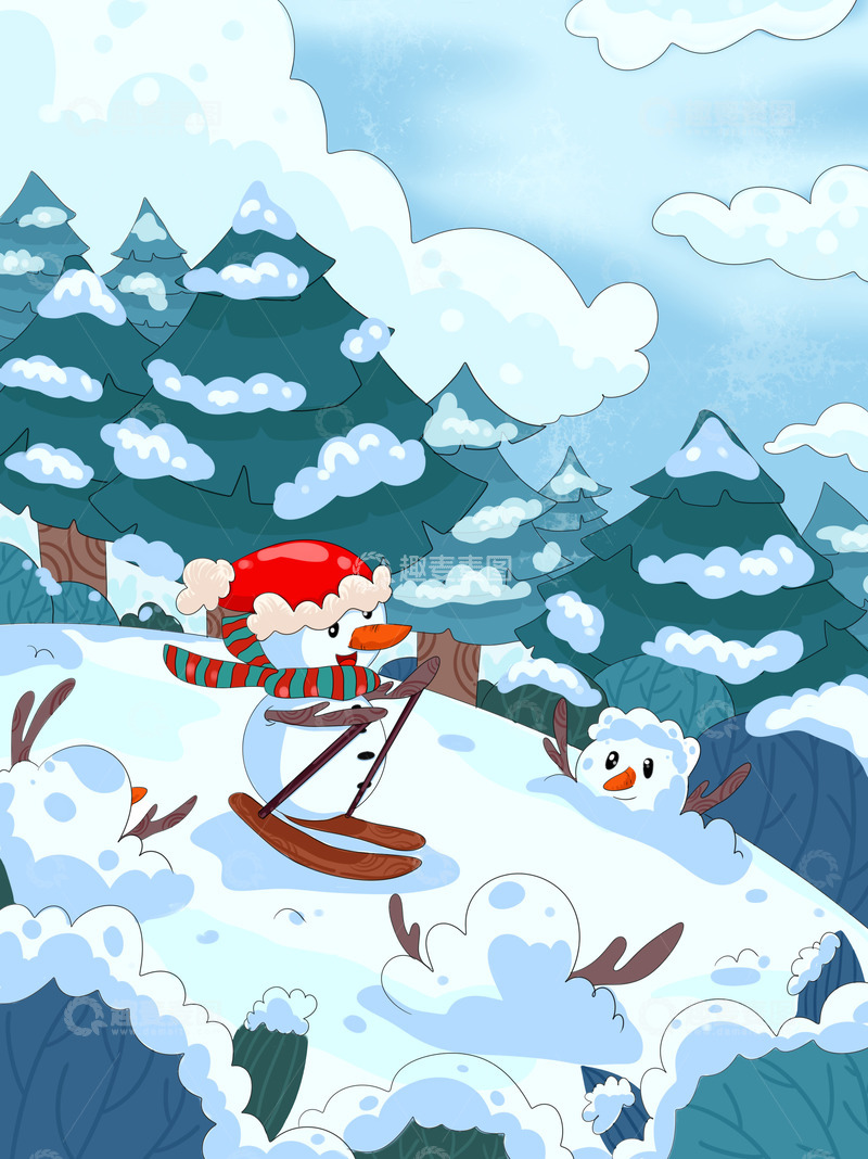源文件下载【趣麦麦图】冬天冰天雪地雪人滑雪