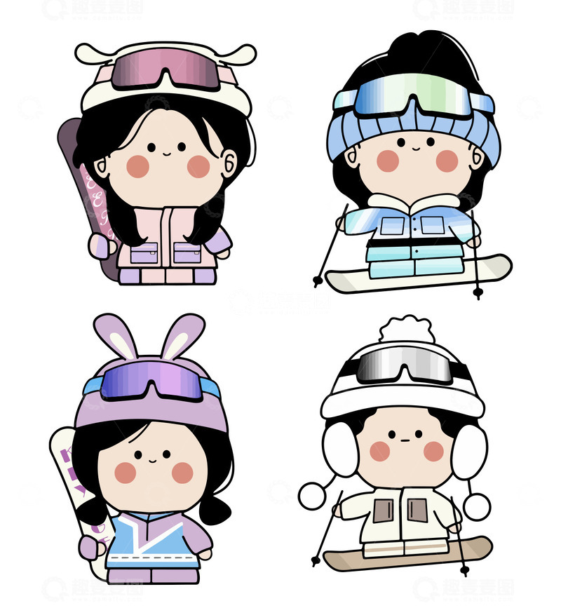 源文件下载【趣麦麦图】冬天雪景卡通女孩滑雪运动场景