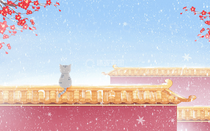 唯美冬天下雪红梅墙壁背景节气插画背景