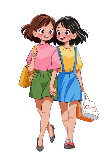牵手逛街购物闺蜜女孩卡通手绘插画