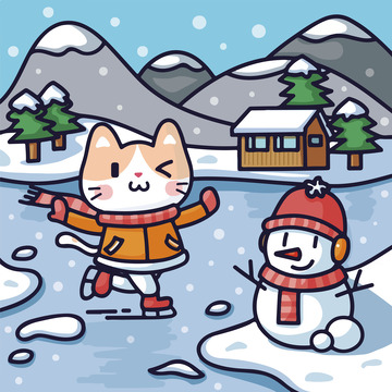 小雪冬日旅游计划猫咪滑冰堆雪人场景