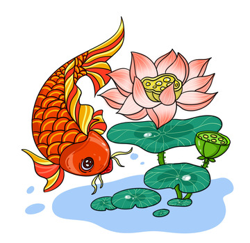 荷花与鲤鱼锦鲤