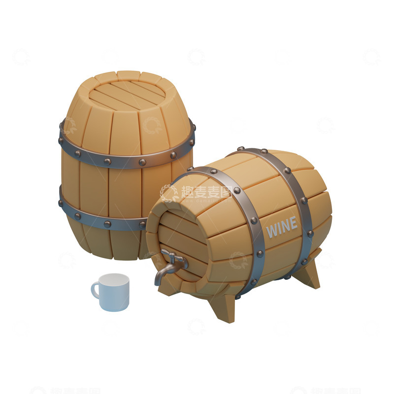 源文件下载【趣麦麦图】卡通橡木酒桶葡萄酒木桶3D模型