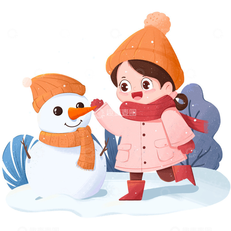 源文件下载【趣麦麦图】卡通手绘打招呼的女孩和雪人免抠元素