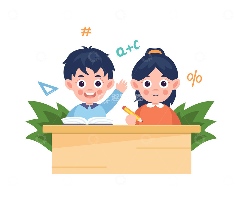 源文件下载【趣麦麦图】坐在书桌前学习的小学生
