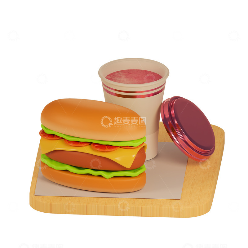 源文件下载【趣麦麦图】3D卡通汉堡套餐三明治饮料快餐食品