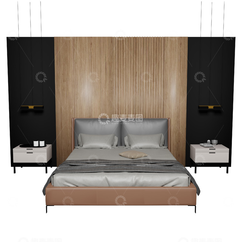 源文件下载【趣麦麦图】3D立体卧室床北欧风格木制场景免扣元素