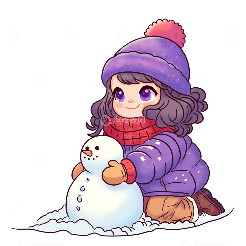 源文件下载【趣麦麦图】可爱小女孩堆雪人卡通手绘